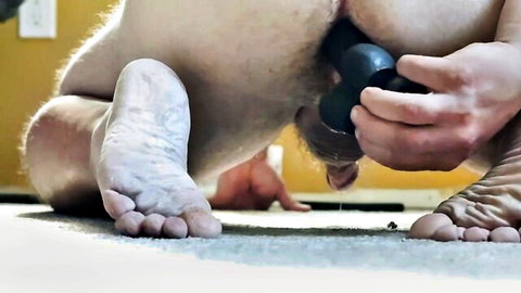 Jeff Rider solo anal dildo insertion on all fours, hairy pale body