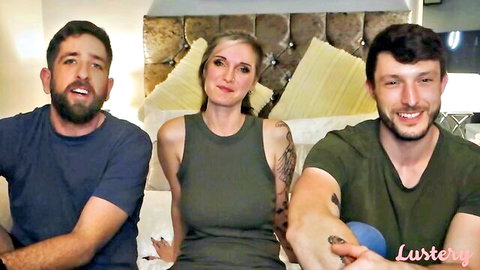 Lexi Dirty and two men smiling on bed in amateur threesome preview