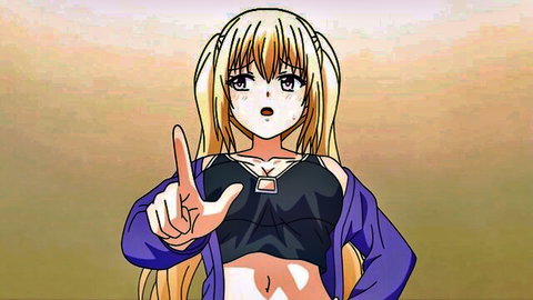 Blonde twintail anime girl pointing in open jacket and crop top, Papa Katsu Ep.4