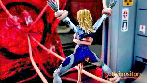 Blonde woman in blue bodysuit restrained by red tentacles in sci-fi oviposition teaser