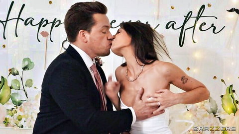 Topless bride kissed by groom in wedding dress, Brazzers hot scene