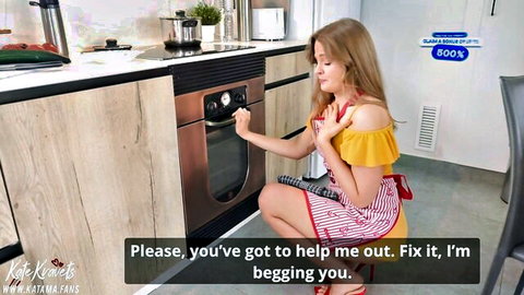 Kate Kravets in apron and skirt squats by oven, begging for help in hotwife scene