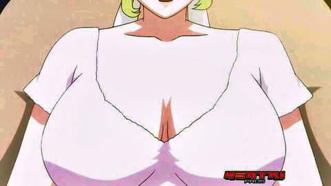 Blonde MILF maid in tight white dress showing massive cleavage