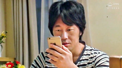 Asian man in striped shirt intently viewing phone in JAV setup, unsatisfied wife theme