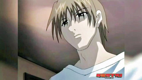 Blonde anime hentai boy in white shirt looking sideways with sharp eyes