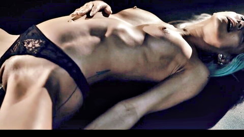 Barbie Rous topless in black lace panties, seductive spread pose