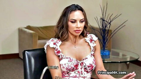 Hispanic wife in low-cut floral dress showing off her ample cleavage
