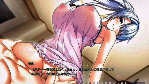 Anime girl with silver hair in sheer pink lingerie, large breasts and ass, side pose