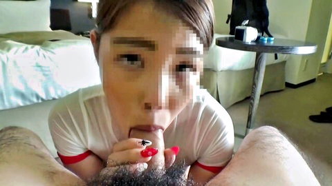 Censored Asian woman in white uniform gives POV blowjob to dark-skinned man