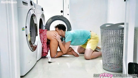 Brunette MILF bent over washer getting fucked doggy style by guy with skirt up exposing shaved pussy and ass