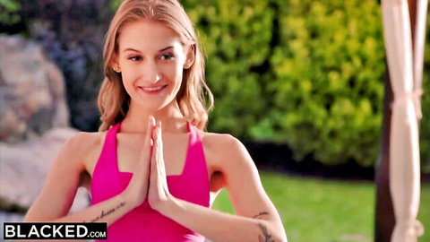 Blonde yoga babe in pink top prays for huge BBC, Blacked outdoor scene