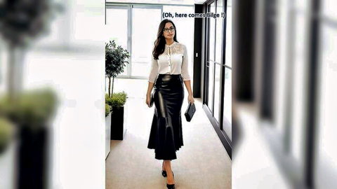 Elegant brunette in white blouse and black leather skirt, teasing office JOI fantasy