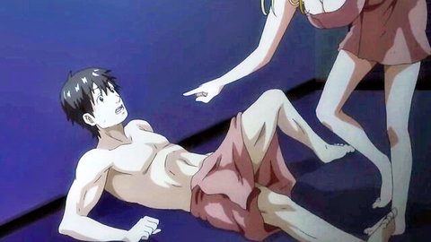 Anime blonde with big tits teasing surprised muscular guy in red shorts