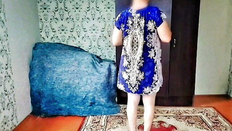 Crossdresser_kitty in blue lace dress, rear view tease