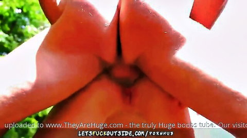 Close-up wet pussy spread open and squirting outdoors in intense action