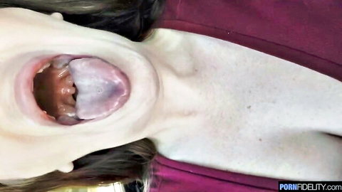 Lindsay Lee open mouth tongue out ecstasy pose cleavage purple dress