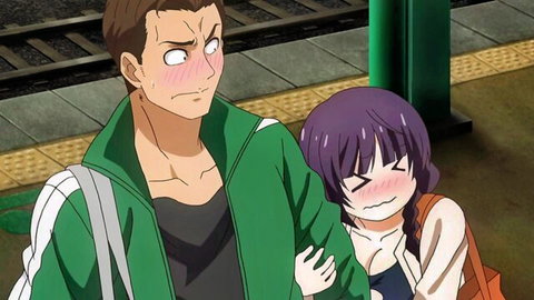 Busty anime teacher exposed on train with flushed student embrace