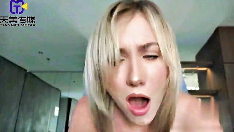 Blonde woman close-up oral sex scene in Tianmei Media AV video