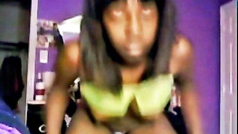 Ebony amateur squeezing huge tits in overflowing lime green bra teasing solo