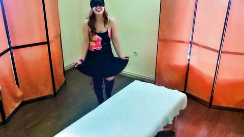 Blindfolded blonde woman fingers tattooed brunette in lesbian threesome tease