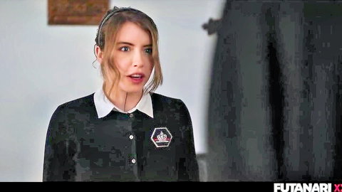 Surprised brunette MILF in collared school uniform with headset in futanari scene