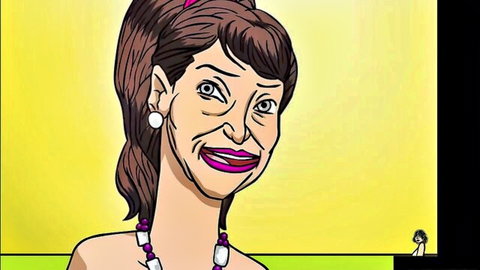 Cartoon brunette woman with ponytail, pearls smiling in The Proposition S1