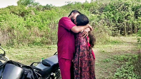 Desi Indian Marathi couple in intimate jungle embrace outdoors