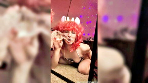 Dino Nuggiess hucow bunny dildo blowjob with mirror play