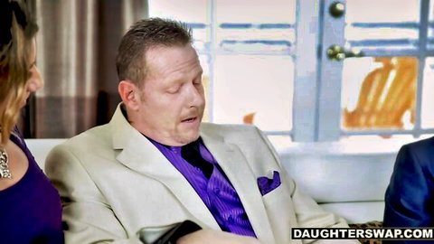 Suited pimp-dads eyeing swapped daughter in blue top