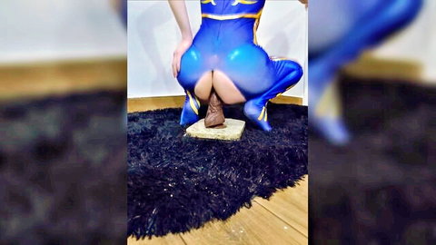 boobyB0Y in blue latex catsuit squatting over dildo, Purity cumpilation 34