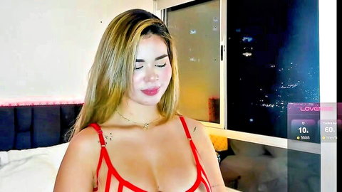 Sophiazilla in red strappy lingerie, teasing with big tits and blonde hair