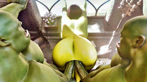 Yellow-skinned big ass princess fucked doggy by green orc thick cock in fantasy gangbang