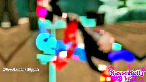 Blurry 3D CGI VR promo from SassyBelly welcoming all types in colorful outfits with pink turquoise figures.