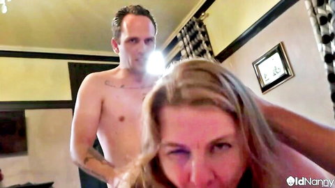 Mature big-breasted blonde in wild threesome hard fuck with tattooed man pulling hair