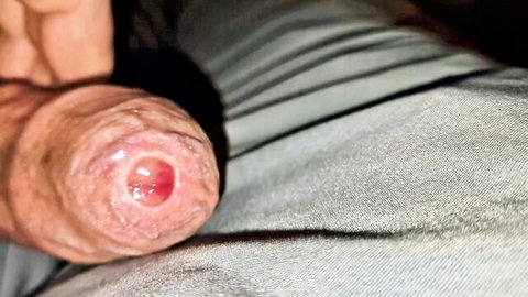 Close-up of meaty uncircumcised cock leaking precum during jacking