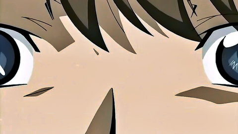 Close-up of expressive blue eyes on busty anime girl in gangbang scene