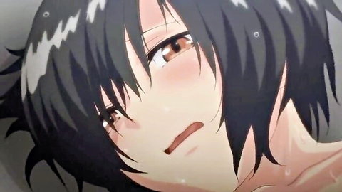 Anime girl with short black hair, flushed ahegao face, wet skin in ecstasy close-up