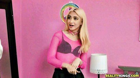Cory Chase in pink mesh top and black skirt, lesbian tease with Jane Wilde