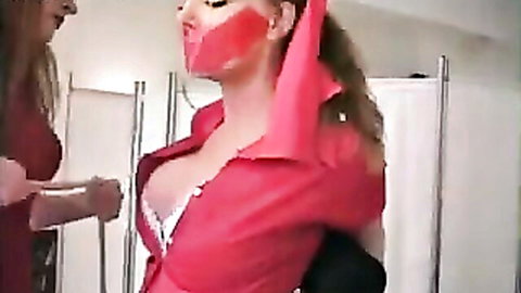 Redhead sub girl gagged and tied by mistress in red dress, Harmony Concepts bondage