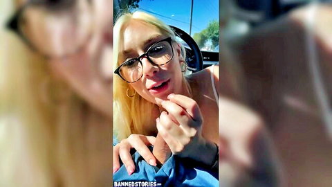 Kay Lovely blonde in glasses teases in parking lot car selfie