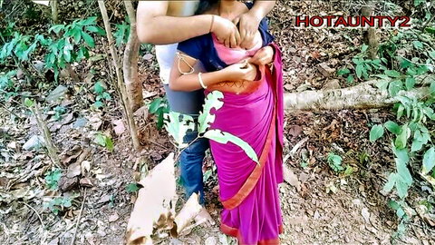 Indian Desi hot bhabi in pink saree groped by man in forest outdoor foreplay