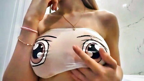 Blonde stepsister teases with huge milky tits in eye-print bandeau top bathroom