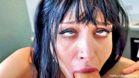 BornToPeg black-haired amateur giving intense strap-on blowjob close-up