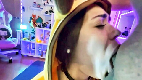PAWG in Pikachu cosplay with messy facial cumshot