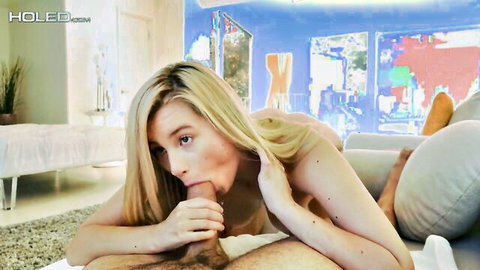 Blonde cheating girlfriend nude giving deep blowjob on couch