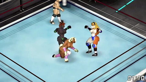 Anime girls in triple threat wrestling match, busty fighters grappling
