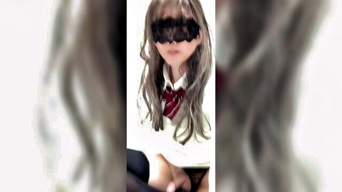 Masked gray-haired Asian girl in school tie and stockings, solo tease by genkotsu8888