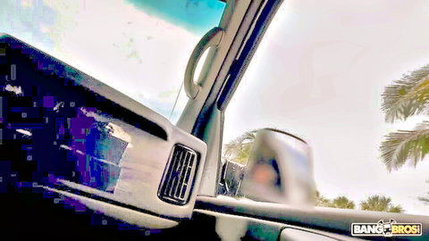 Christina Sage in BangBus van interior, teasing ride with palm views