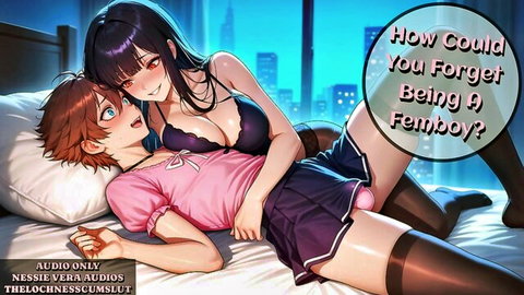 Purple-haired woman seduces femboy in lingerie on bed, erotic audio by Nessie Vera