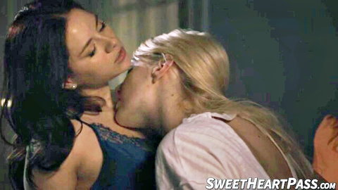 Brunette babe passionately kissing sexy blonde's neck in lingerie lesbian foreplay